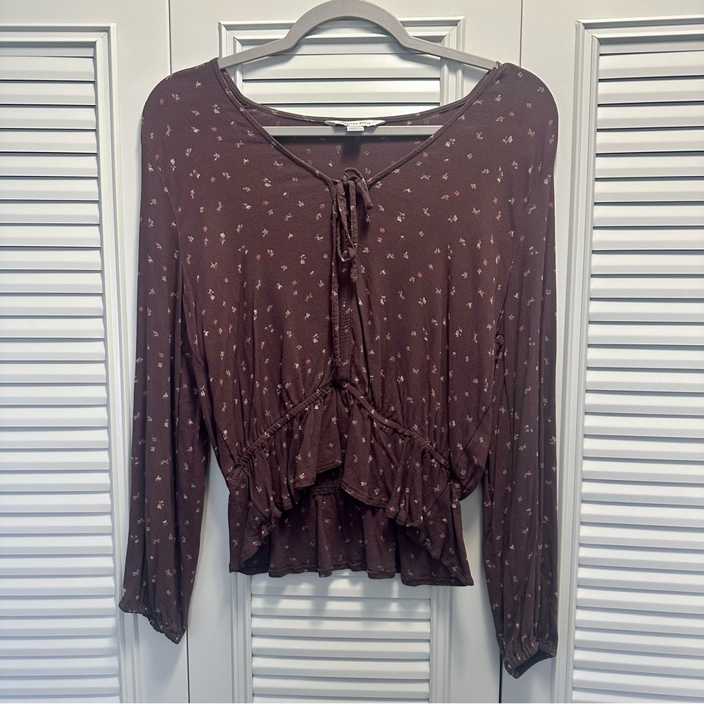 Women’s Brown Floral Tie-Front Long Sleeve Top